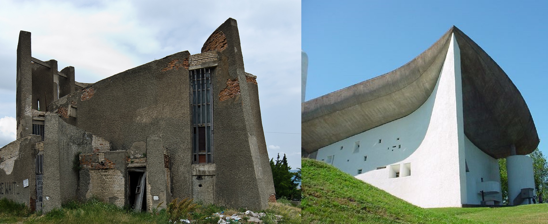 Dzsorbenadze Mukhatgverdi temetőjének egy épülete, illetve Le Corbusier kápolnája / Wikipedia