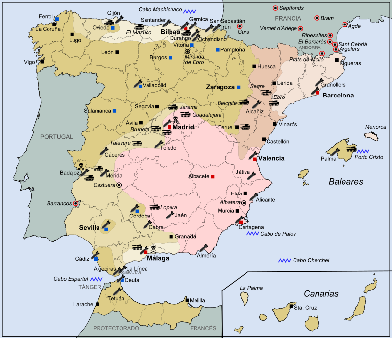 A spanyol polgárháború térképe.