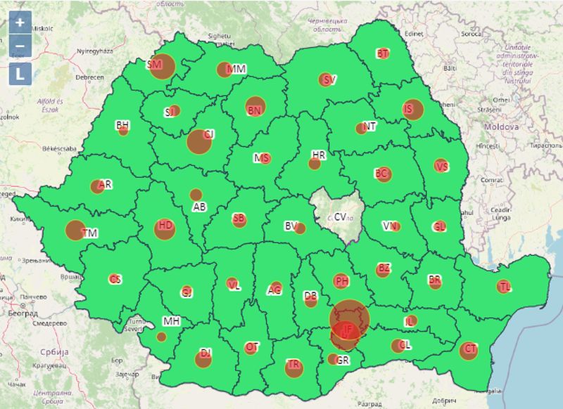 A színkódos román megyék – Kovásznát leszámítva most mindegyik zöld.