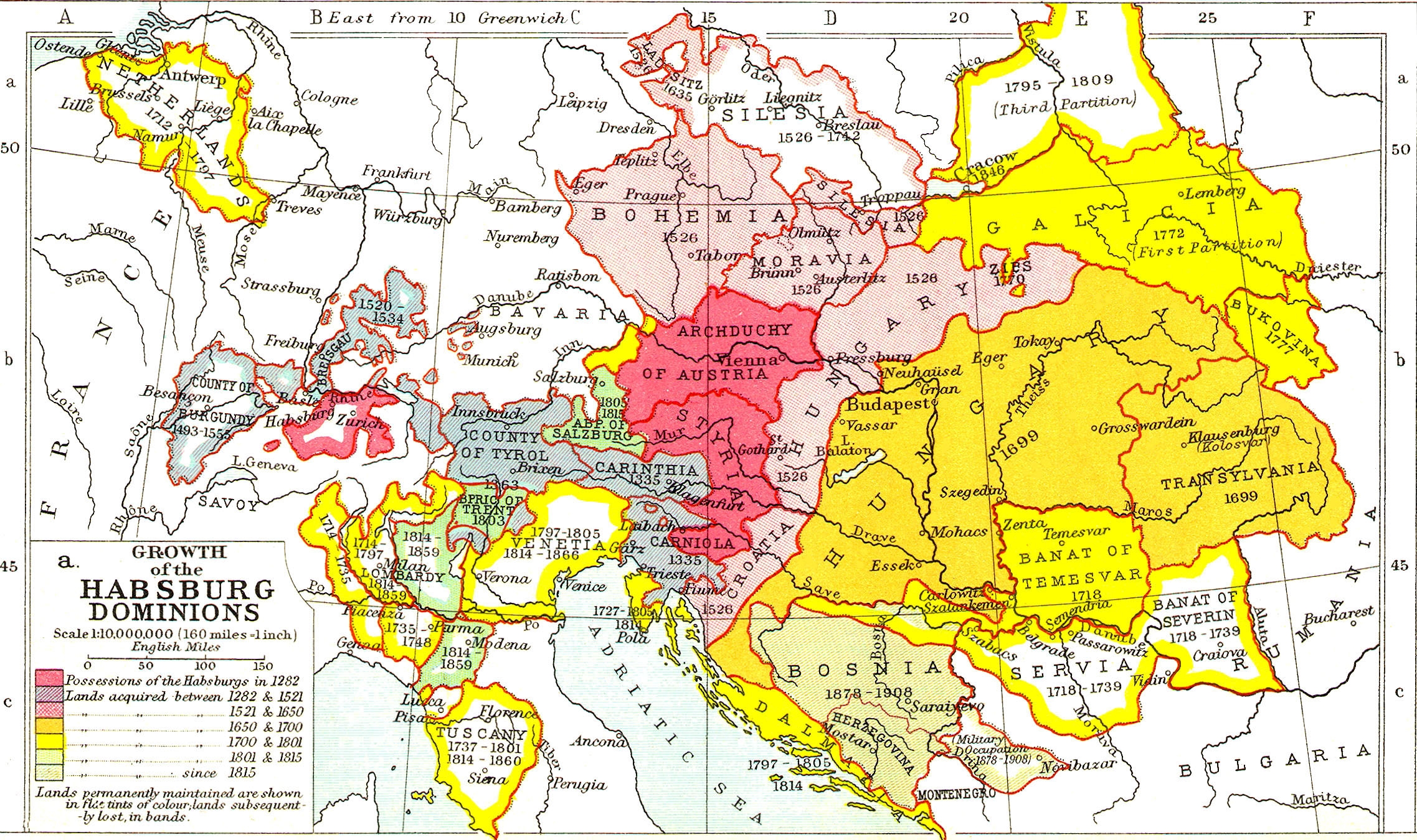 A térkép azt mutatja, hogyan nőtt a Habsburgok birodalma: a mályva színű területek a birodalom magja 1282 óta, a szürkék 1521-ig kerültek hozzájuk, a rózsaszínűek 1521 és 1650 között, a sötétebb sárgák 1650-1700 között, a sárgák 1700 és 1801 között, a világos sárgák 1801 és 1815 között, a zöld területek pedig 1815 után. A térkép szerzője ismeretlen, valószínűleg a 20. század elejéről származik.
