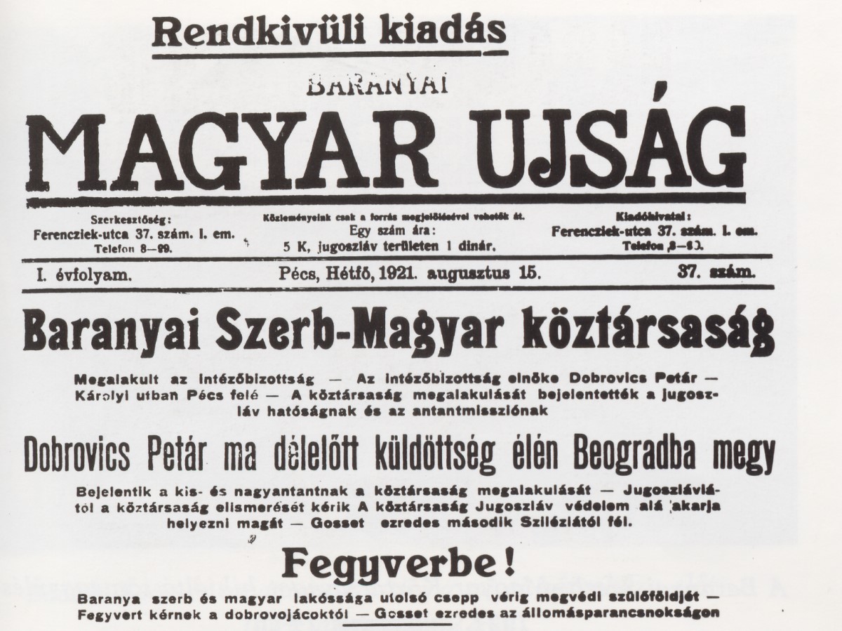 A Baranyai Magyar Újság 1921. augusztus 15-i rendkívüli kiadása