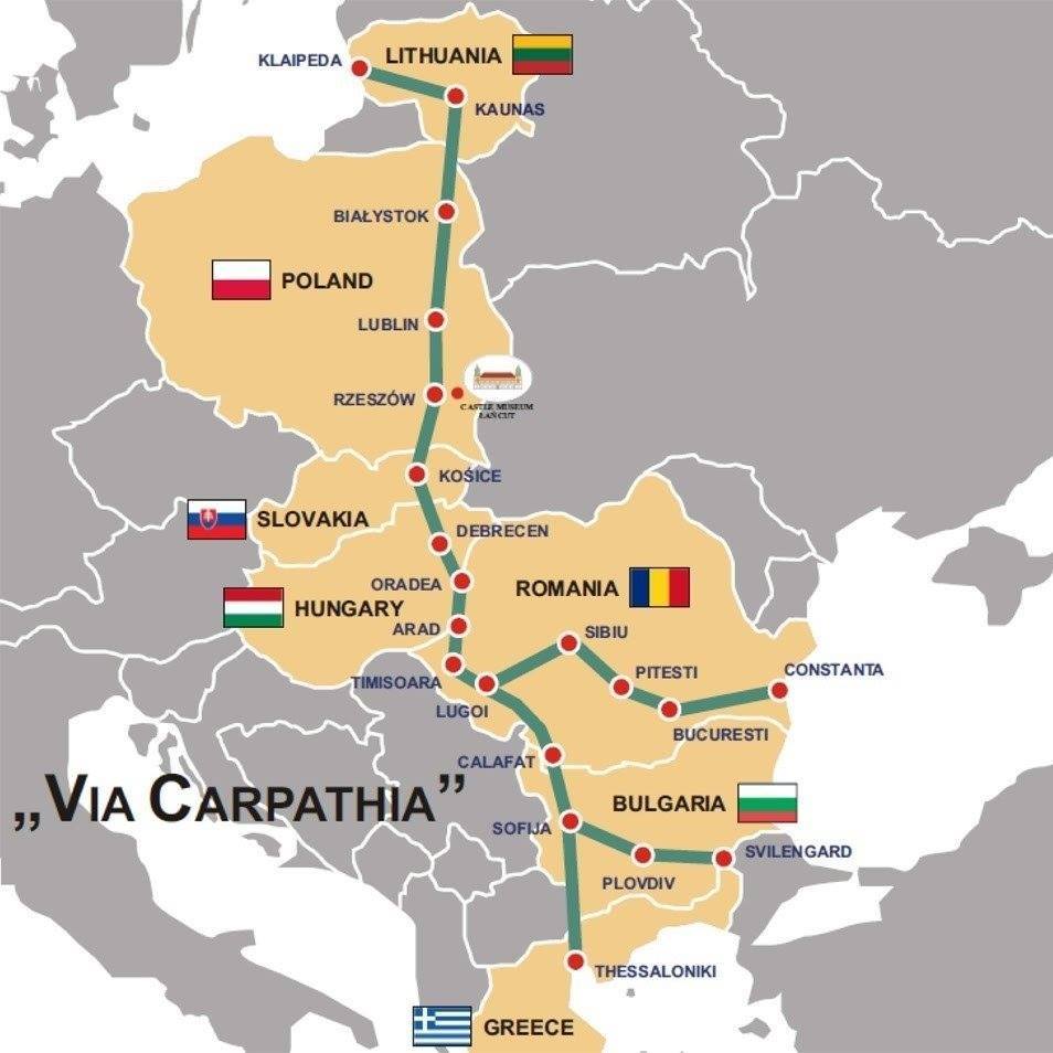 A Balti-tengert a Fekete-tengerrel és az Égei-tengerrel összekötő transznacionális úthálózat, a Via Carpatia terve. 