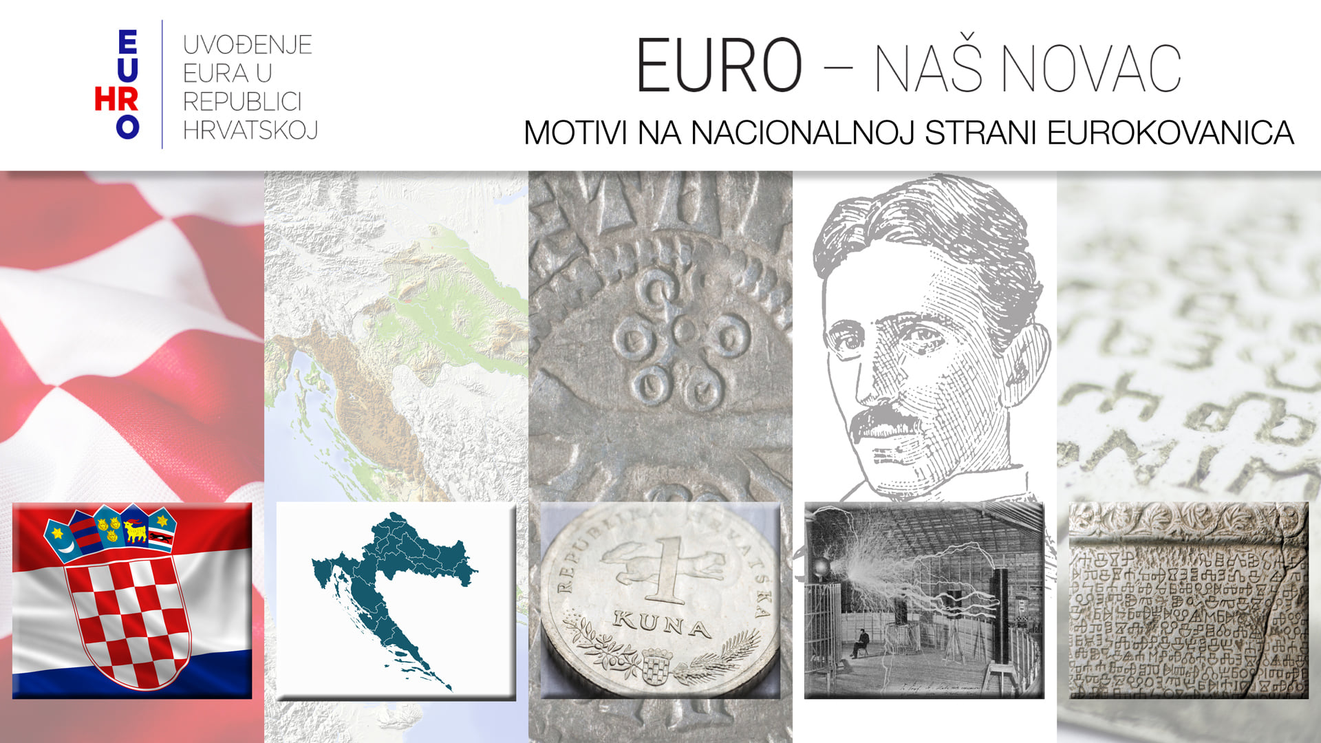 Horvát euróérmék tervezett szimbólumai: sakktábla, térkép, nyest, Tesla és glagoljica.