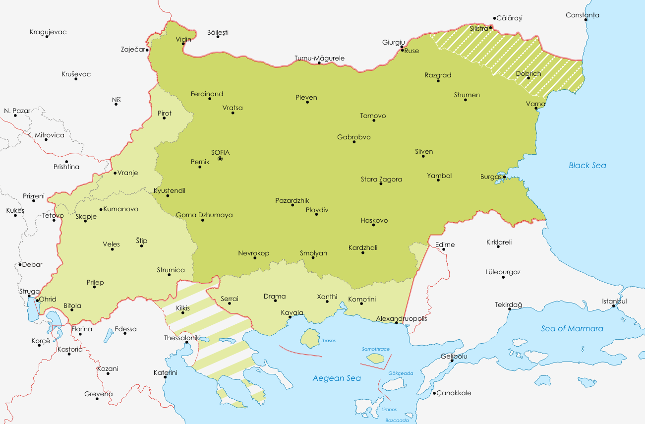 Bulgária a második világháború ideje alatt. A Nagy-Bulgária hívői Bulgáriát ilyen határokkal képzelik el.