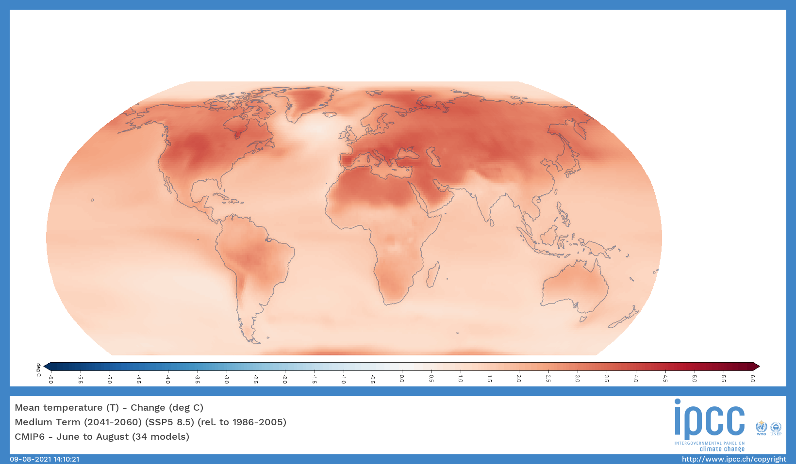 2041 és 2060 között így változna az átlaghőmérséklet nyaranta. Minél sötétebb a térkép, annál magasabb a változás mértéke.
