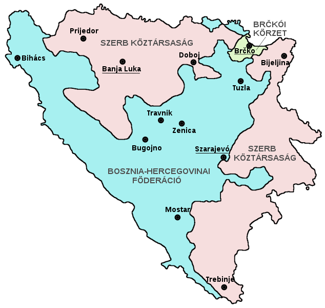 Bosznia-Hercegovina térképe. Az 1995-ös Daytoni békeszerződésben az országot két részre bontották: a többnyire szerbek lakta Republika Srpskára, a bosnyákok és horvátok lakta Bosznia-Hercegovinai Föderáció, illetve 2000-ben jött létre a Brčkói Körzet. 