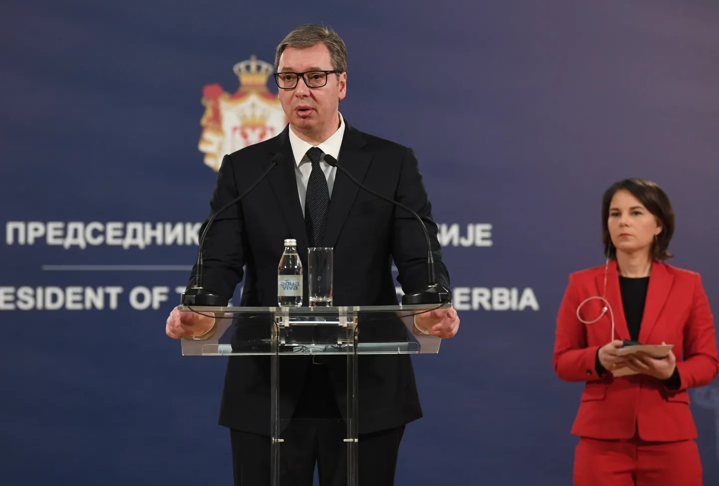 Aleksandar Vučić tart közös sajtótájékoztatót a német külügyminiszterrel, Annalena Baerbockkal még március 11-én.