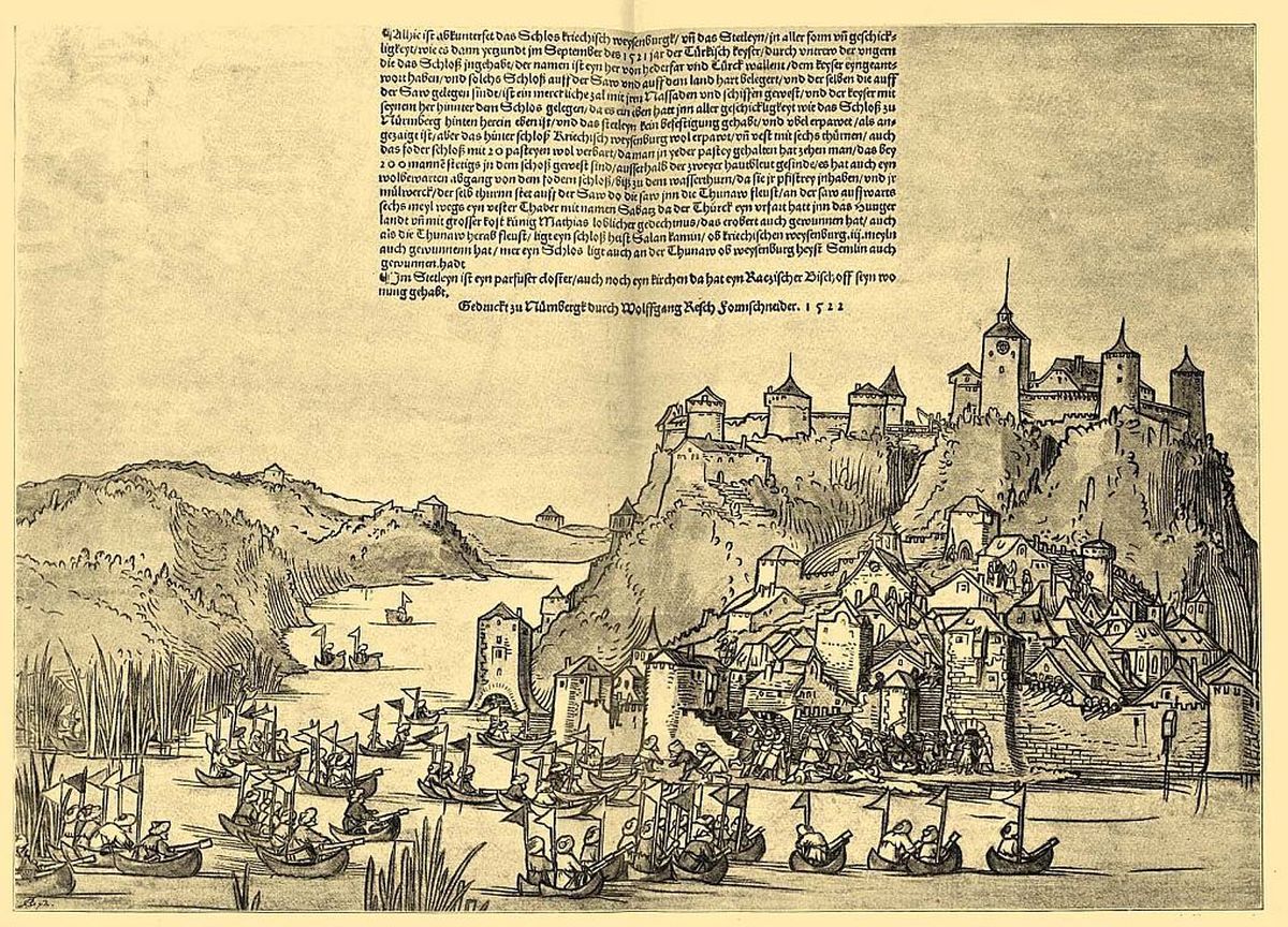 Nándorfehérvár ostroma 1521-ben, a vízen a török flotta látható.