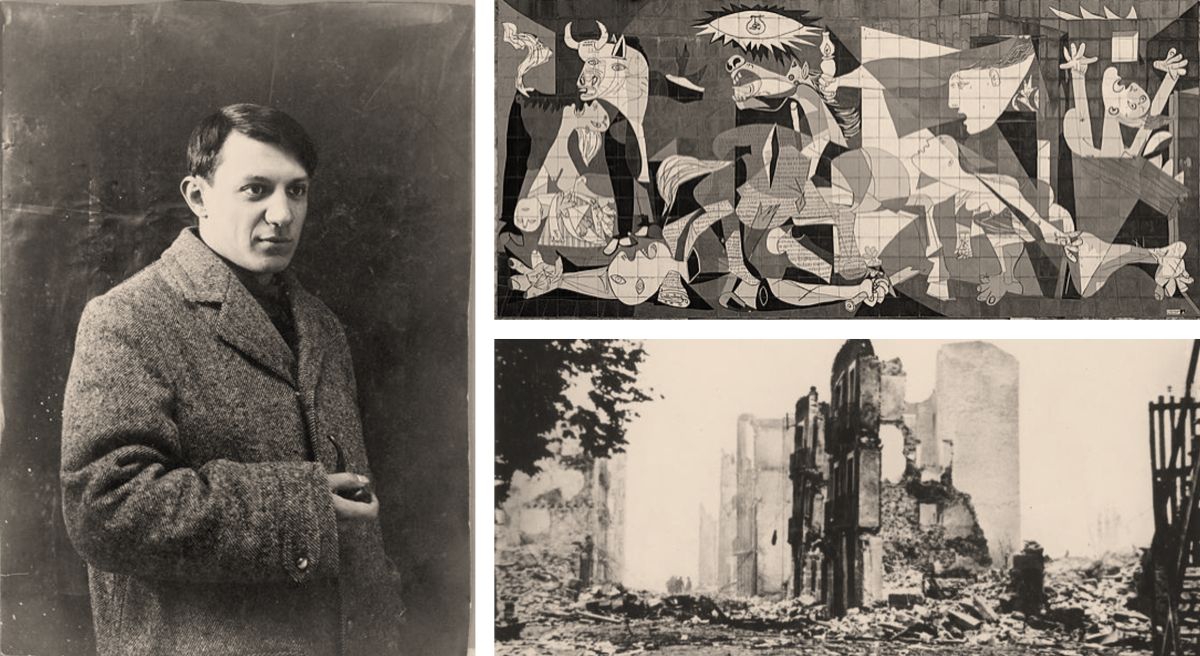 Pablo Picasso (baloldalt) és híres festménye (jobboldalt fent), a Guernica. Alatta jobboldalt az inspiráció a lebombázott város képe.