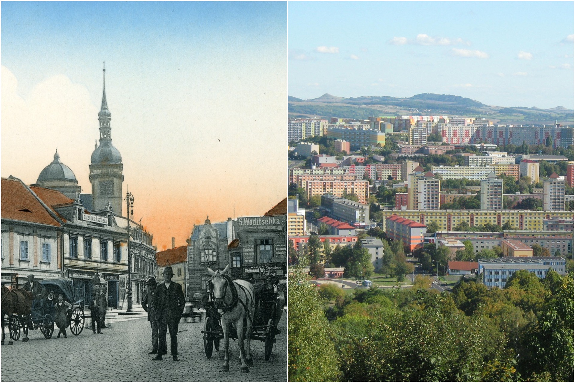 Most vásártere 1912-ben, illetve a város látképe manapság.