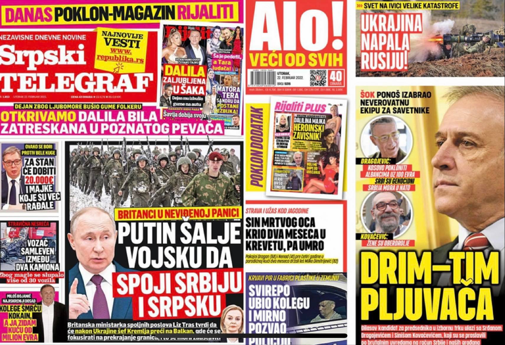 Az Alo című bulvárlap szintén azt közölte, hogy Ukrajna megtámadta Oroszországot. A Srpski telegraf pedig arról ír, hogy Vlagyimir Putyin egyesítheti Szerbiát és a boszniai Szerb Köztársaságot