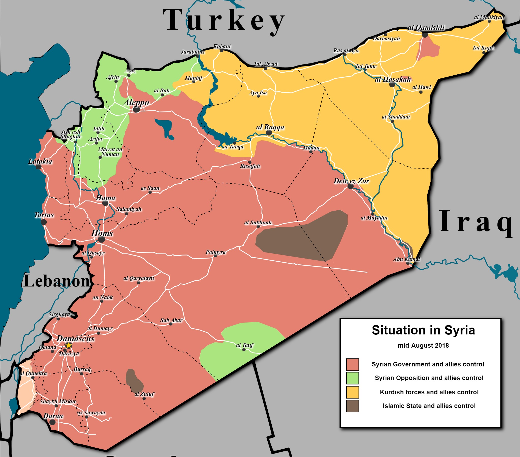 A térkép a szíriai polgárháború 2018-as állását mutatja. A frontok azonban azóta nem változtak jelentősen, így a viszonyok átlátására még alkalmas a térkép. 