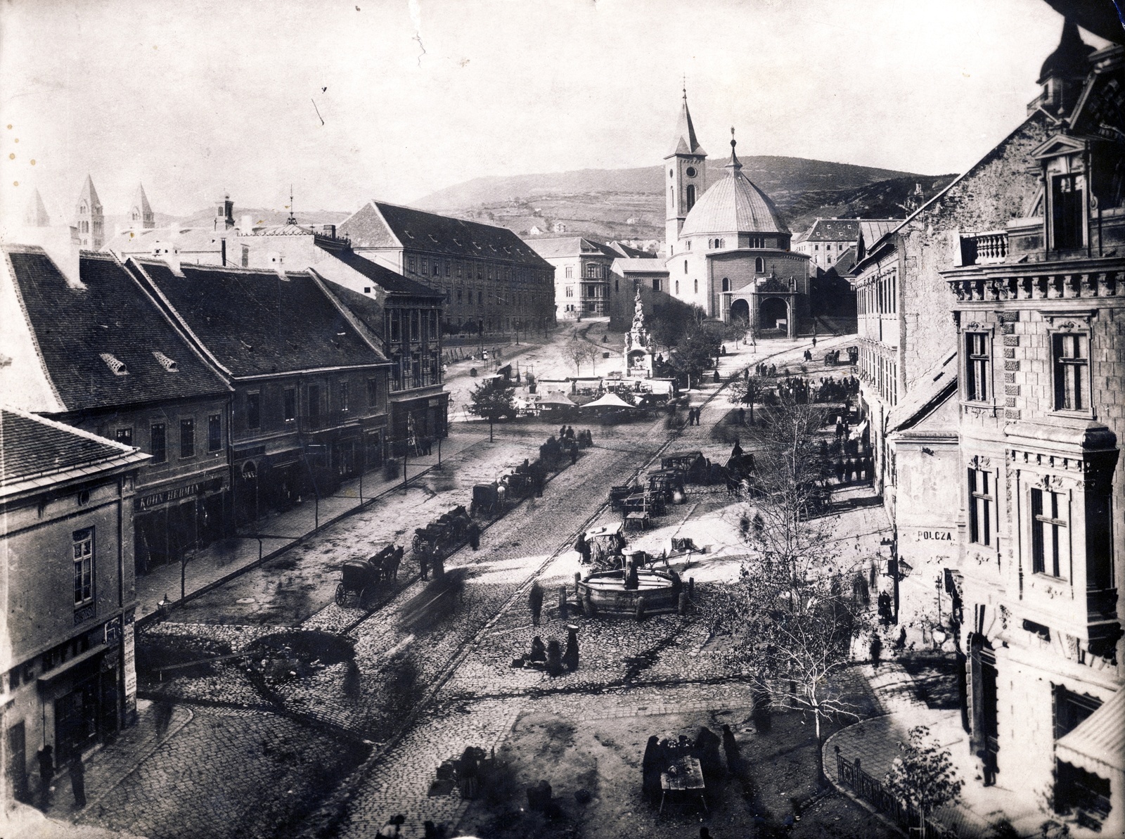 A pécsi Széchenyi tér látképe 1904-ben. A hegyen mindenhol szőlő.