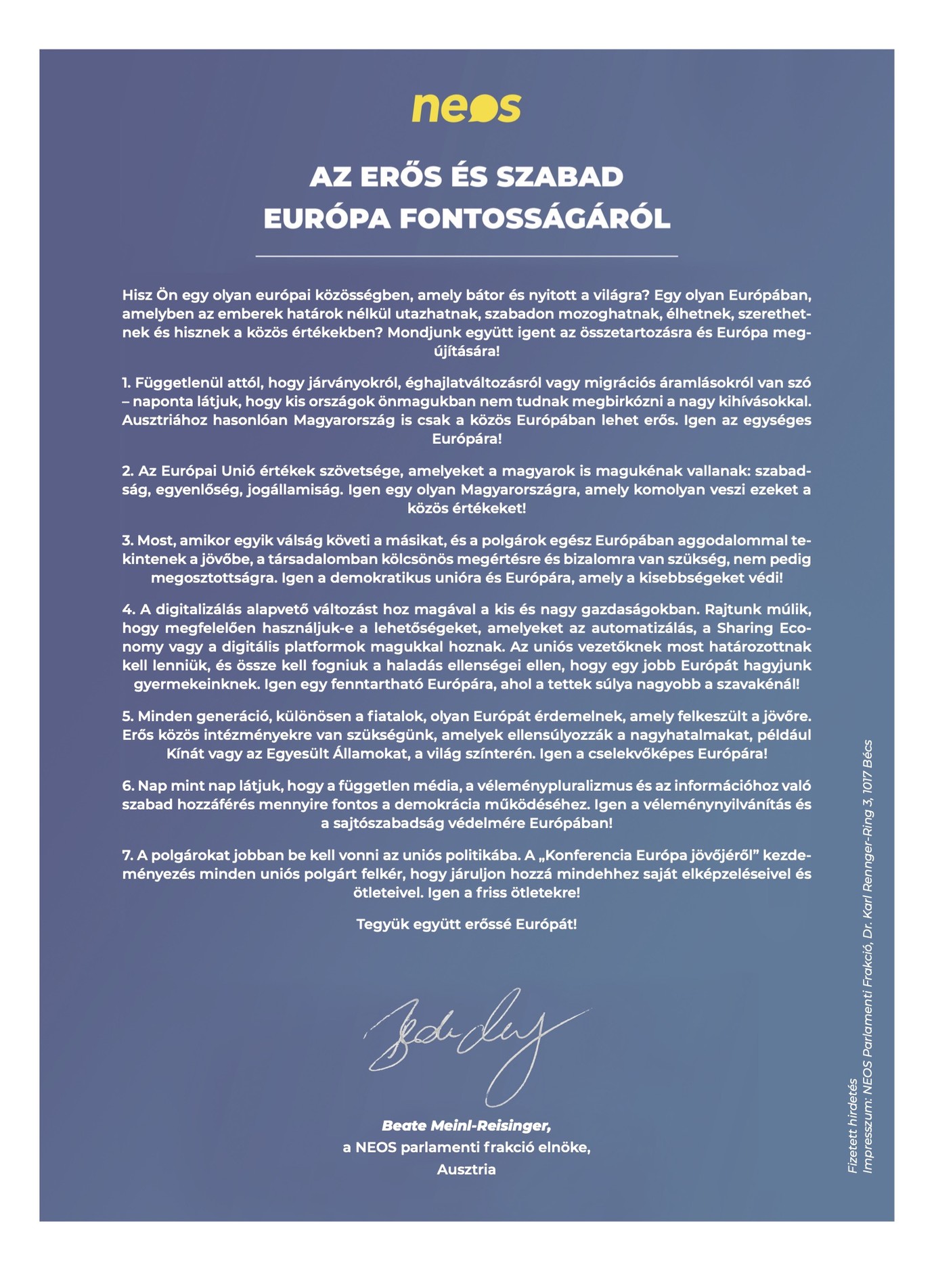 Az osztrák, liberális Neos párt által a Magyar Hangban megjelentetett, egész oldalas, fizetett hirdetés