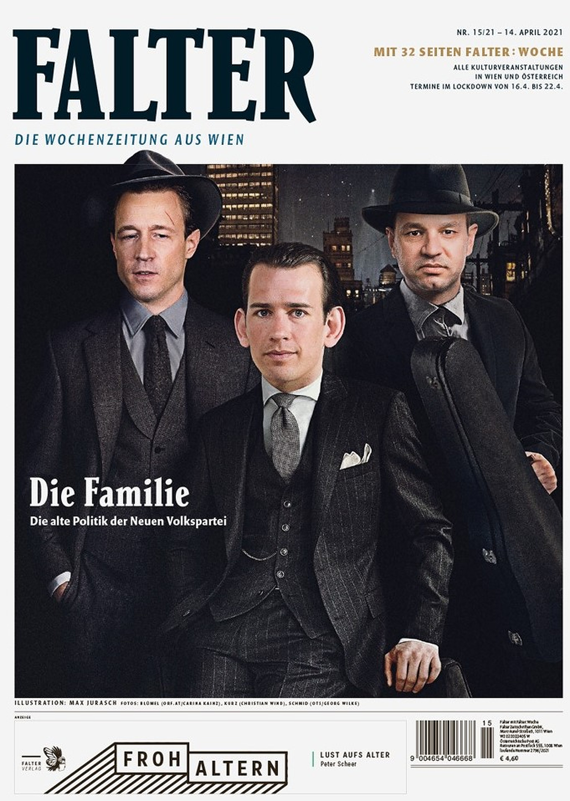 A balliberális Falter hetilap egyik április címlapján maffiaként ábrázolja (balról jobbra) Gernot Blümelt, Sebastian Kurzot és Thomas Schmidet.