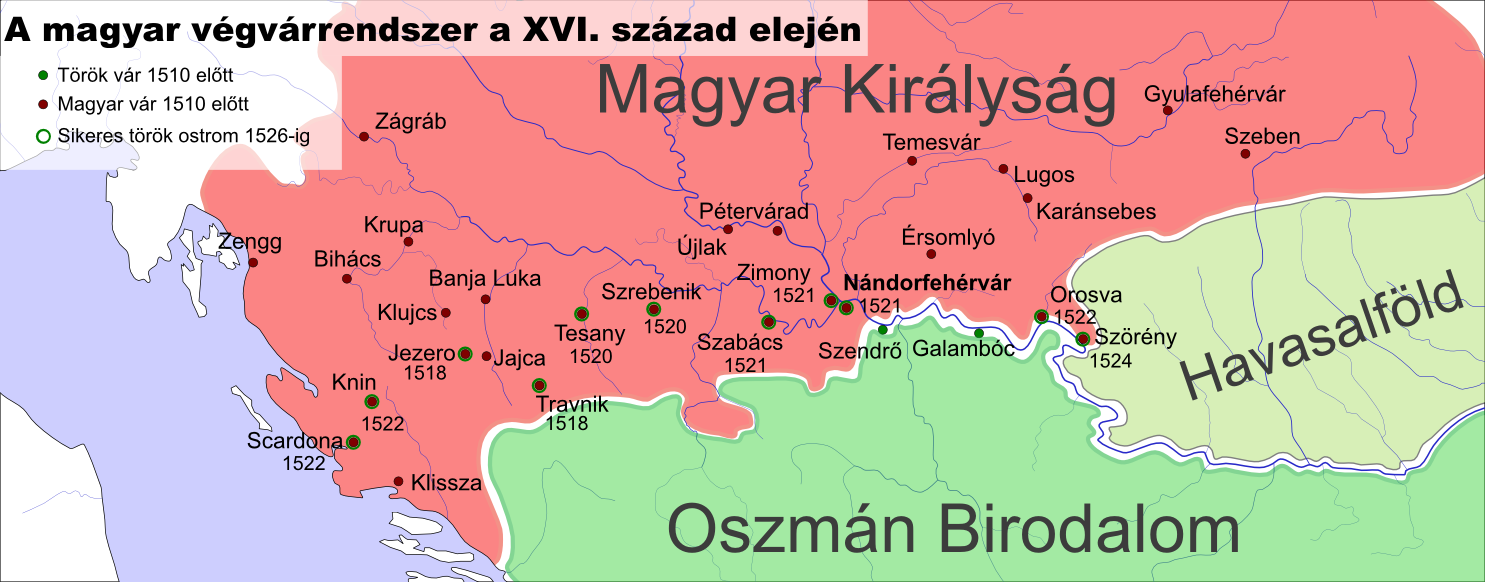 A magyar déli végvárrendszer a 16. század elején.